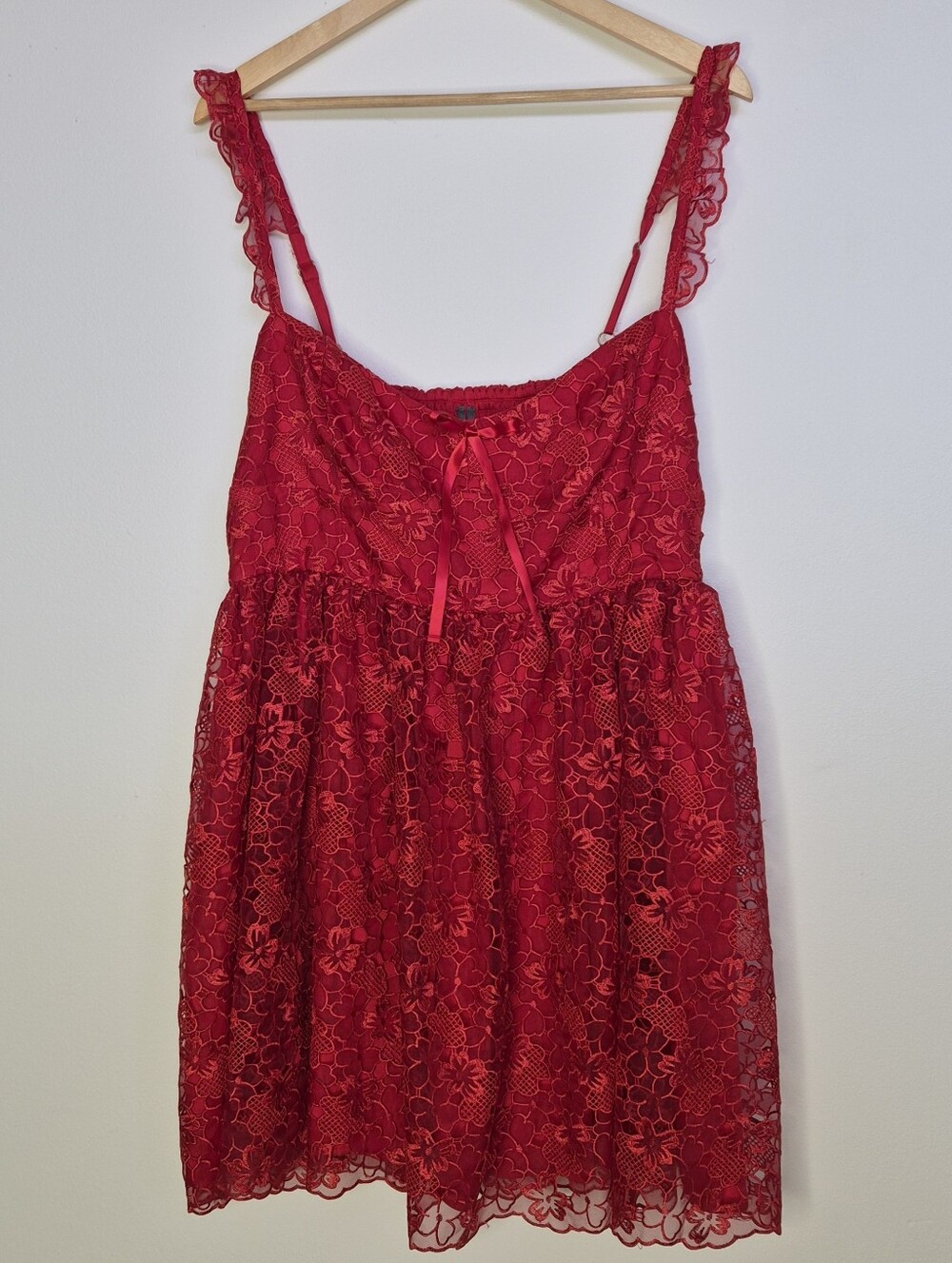 Anthropologie NWT Red Floral Boho Lace Romantic Smocked Babydoll Mini Dress XL